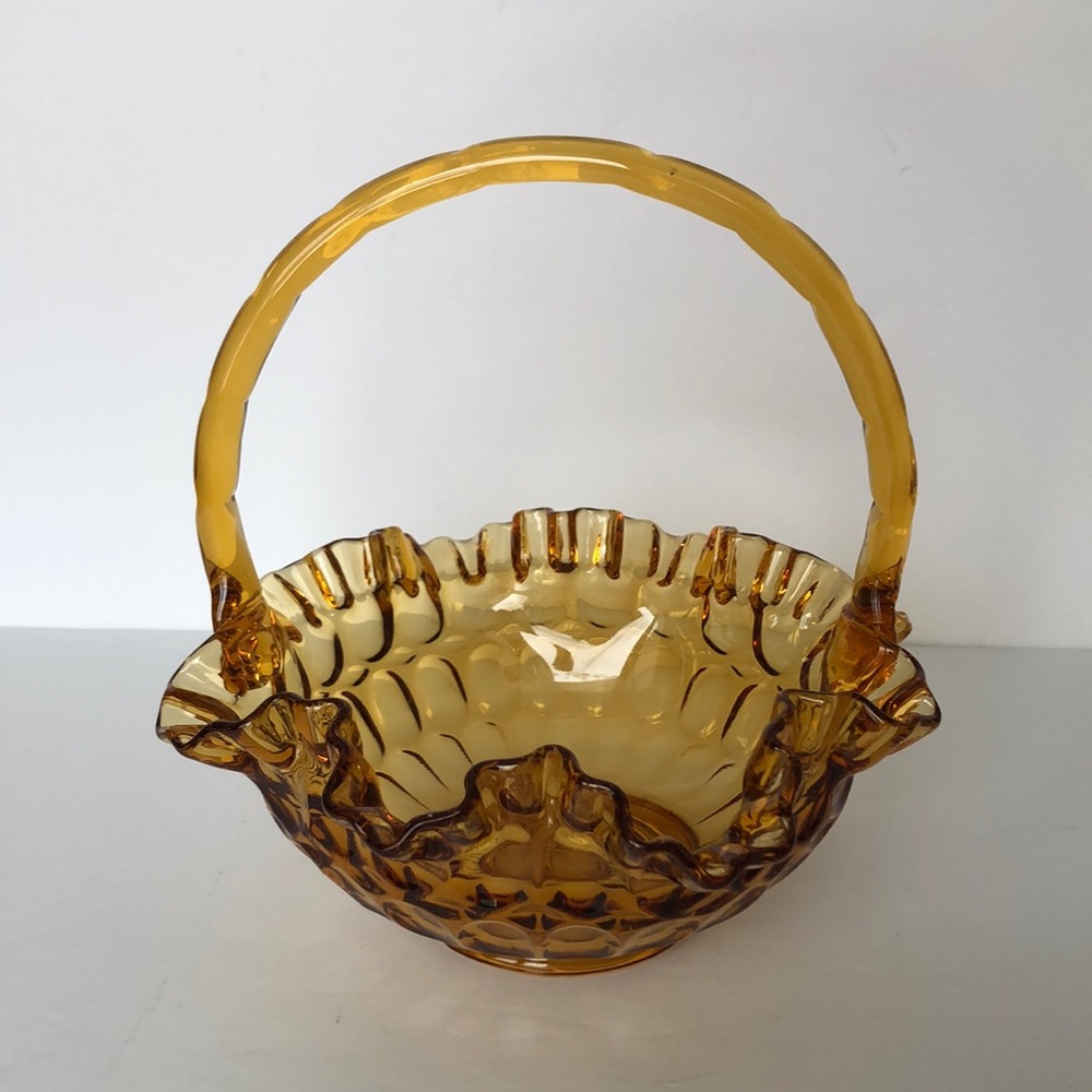 Vintage Fenton Amber Glass Thumbprint Ruffled Edge Handle Basket